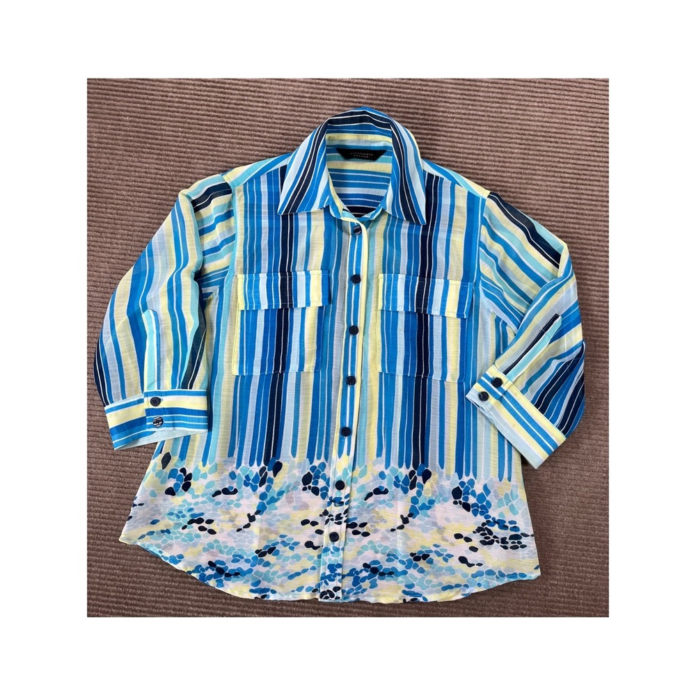 Investments Petites Blue Striped Floral‎ Roll Tab Sleeve Button Down Blouse PS